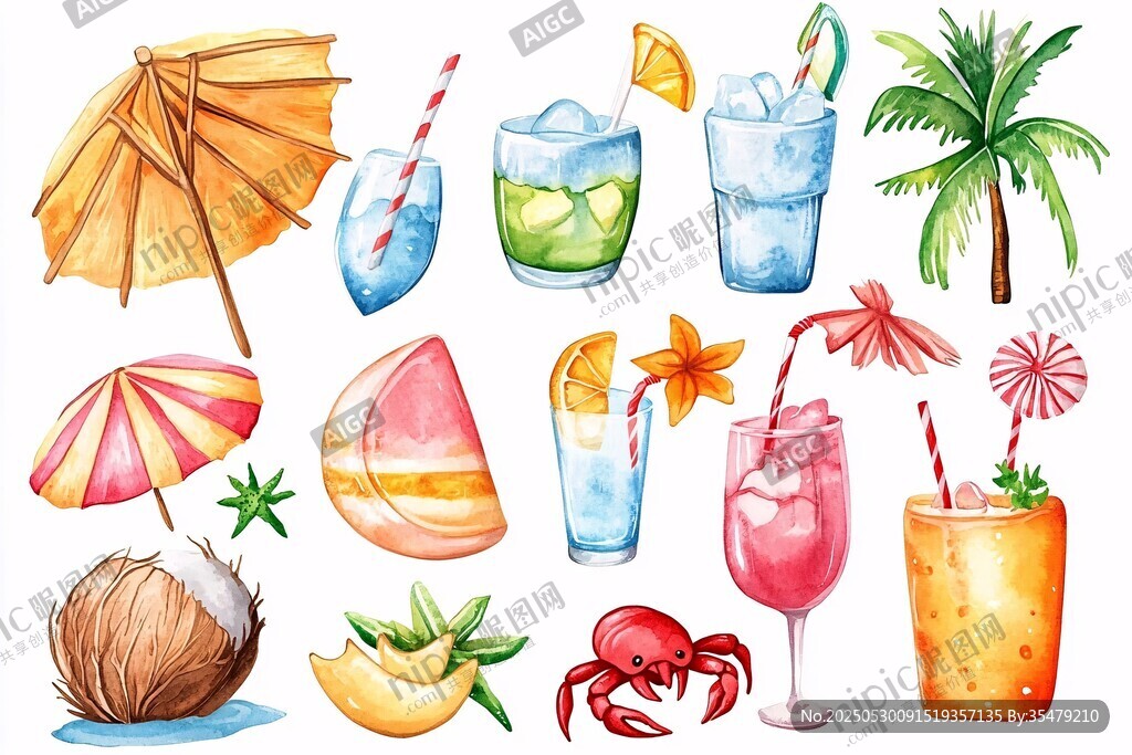 夏日海灘飲品與休閑元素