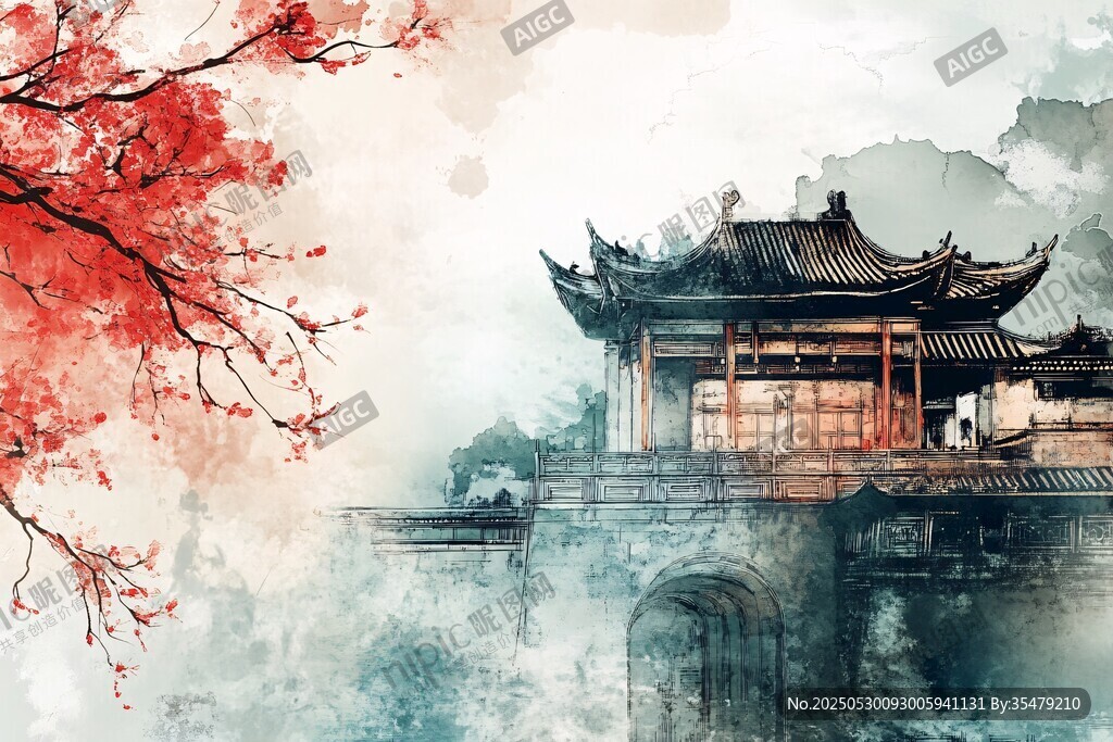 水墨古風(fēng) 亭臺(tái)與爛漫紅梅