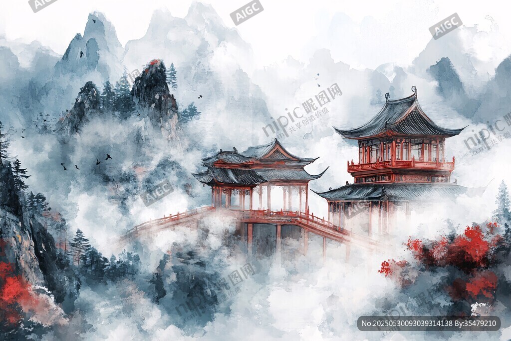 水墨山水間的古典樓閣