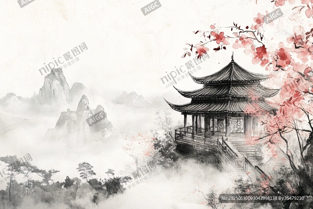 水墨亭臺映繁花山水景