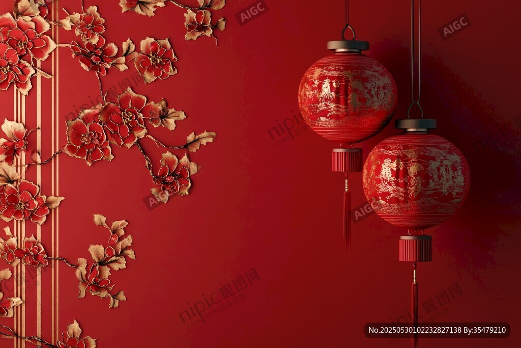 中式紅墻掛飾喜慶燈籠圖