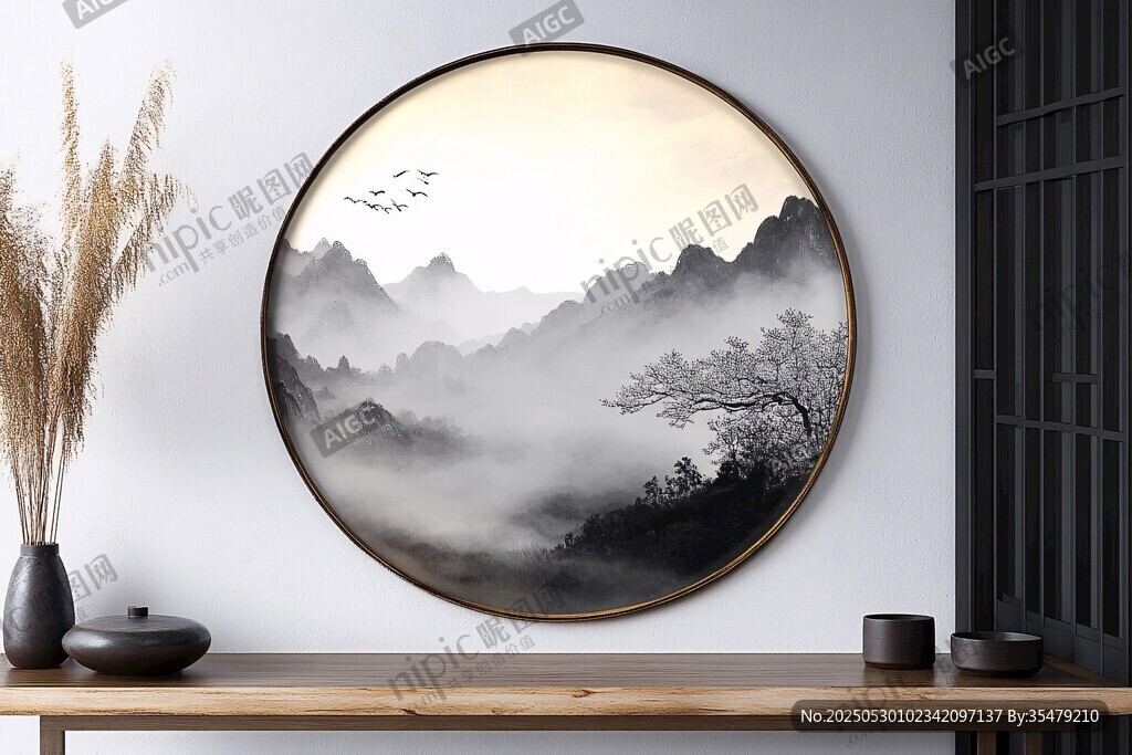 中式山水圓形裝飾畫意境美