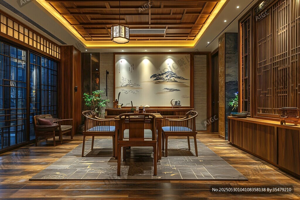 中式雅致茶室室內(nèi)場(chǎng)景