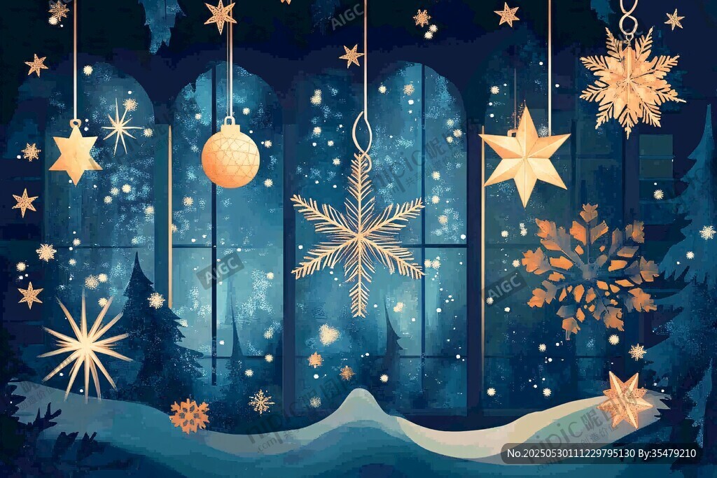 夢幻圣誕夜窗邊裝飾景象