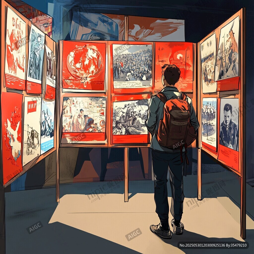 男子觀紅色主題畫展