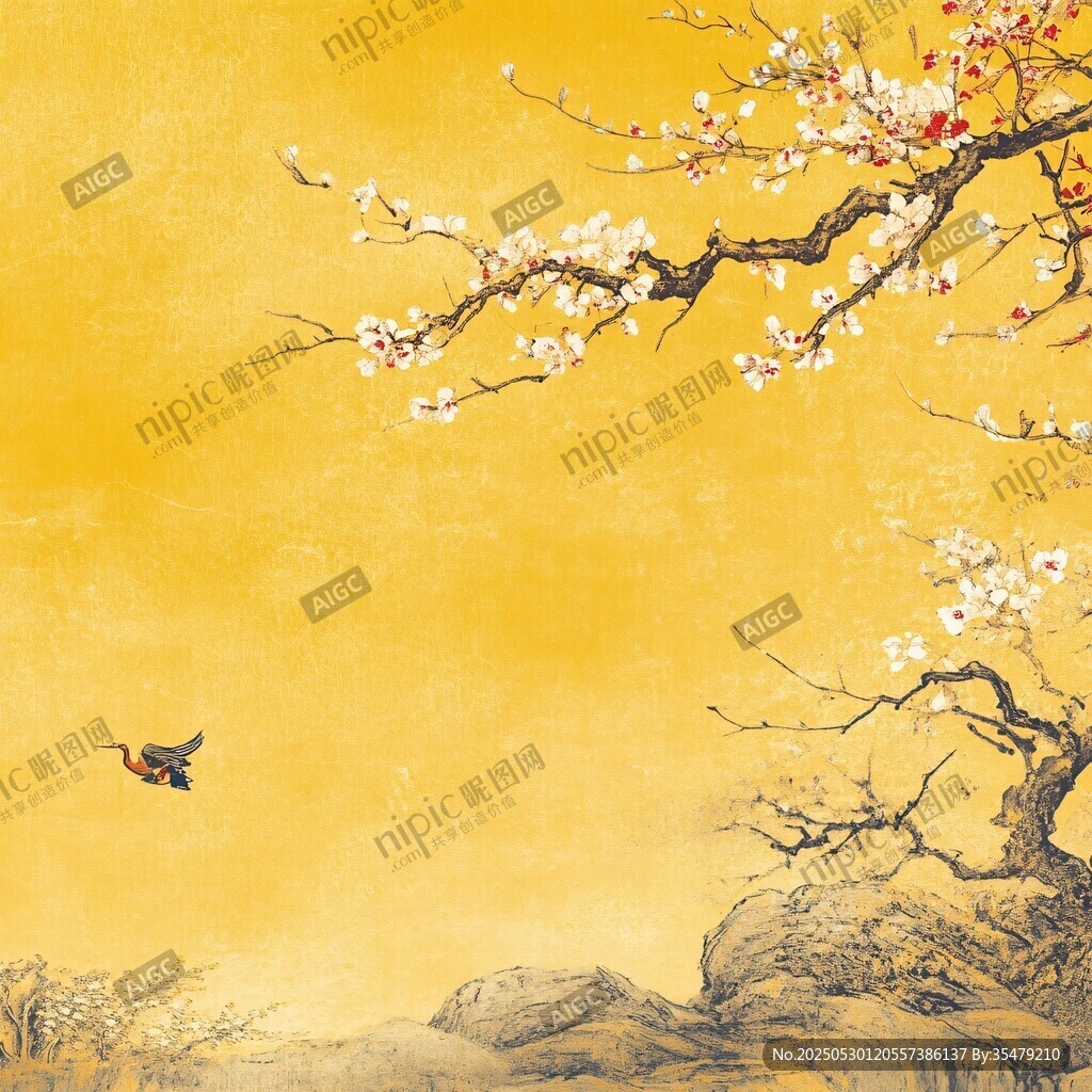 金黃背景下的花鳥山水圖