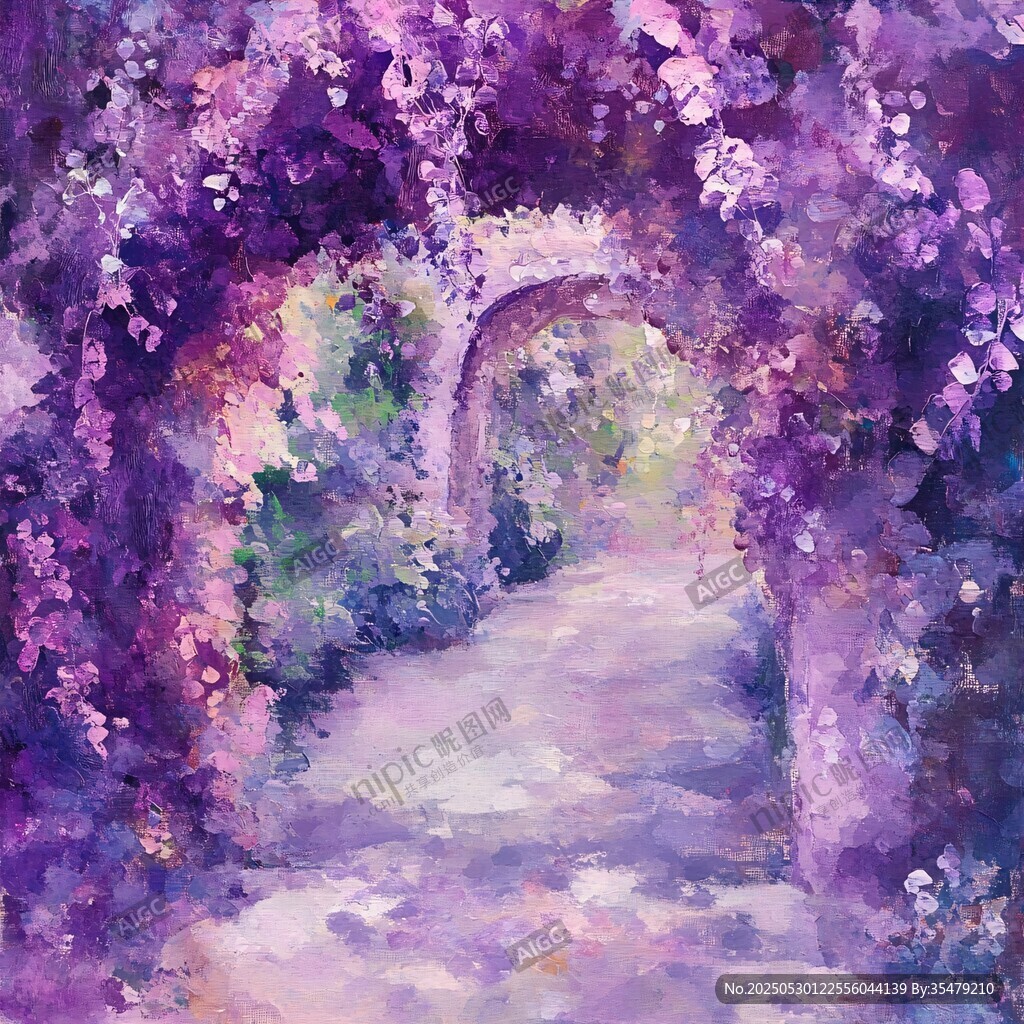 紫色花拱下的夢幻小徑