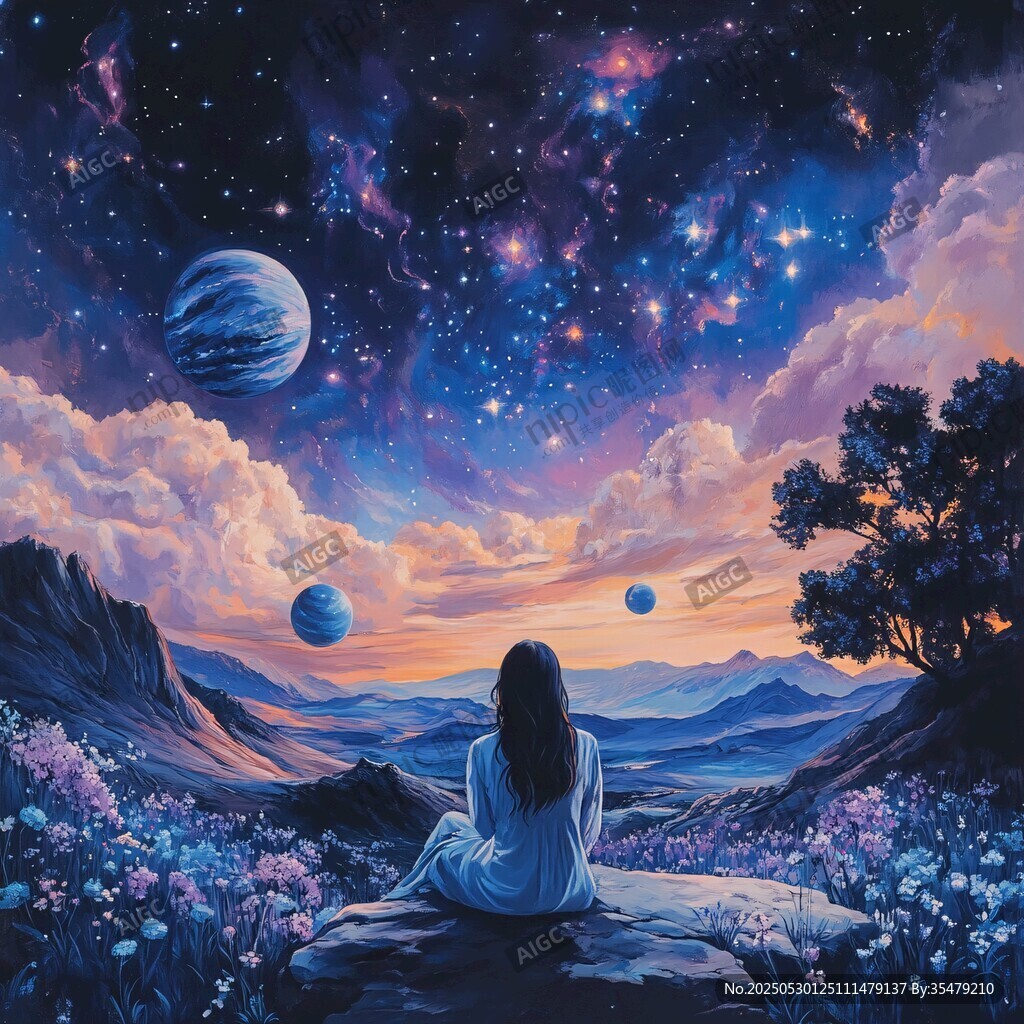 女孩凝望夢幻星空宇宙