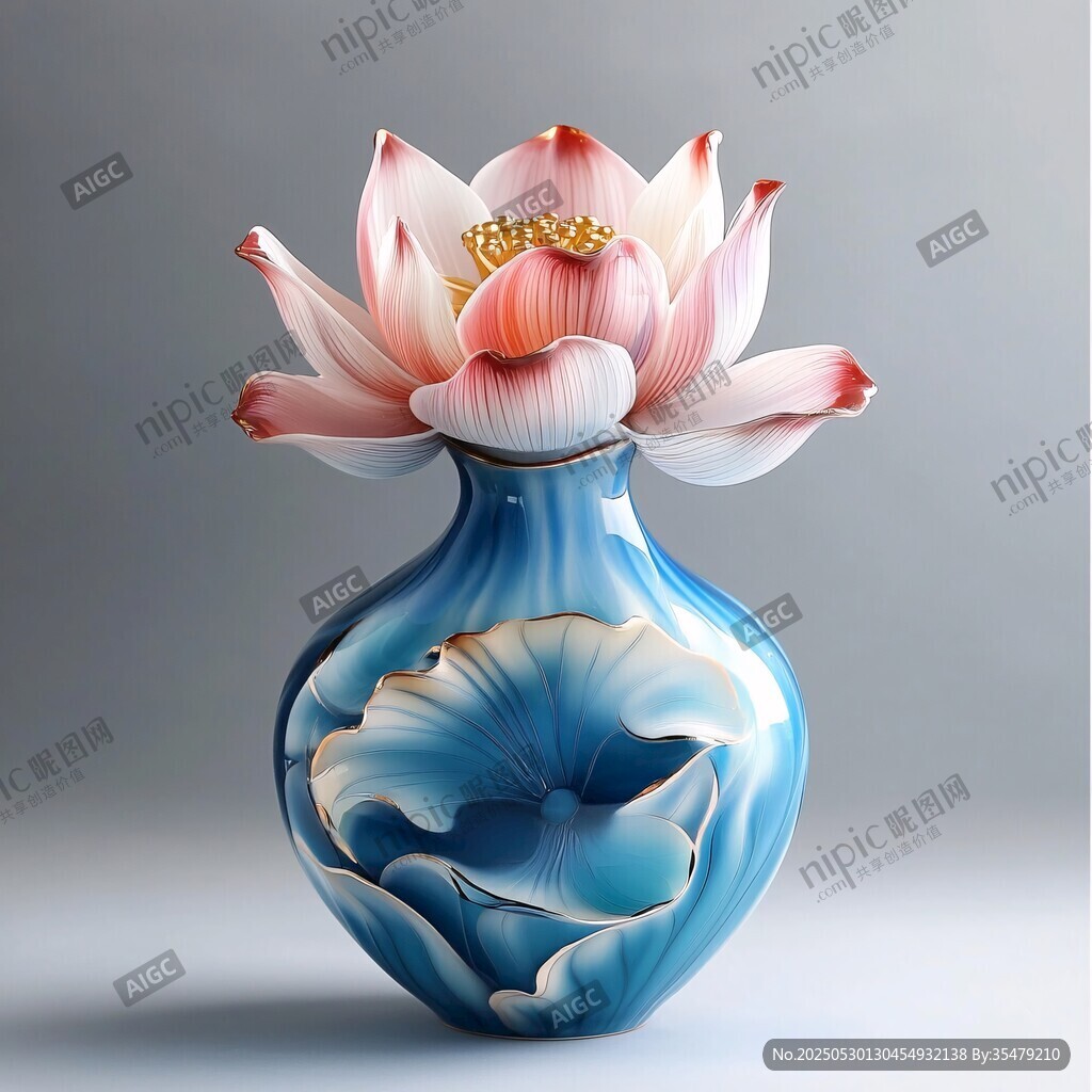 藍瓷花瓶插粉艷荷花