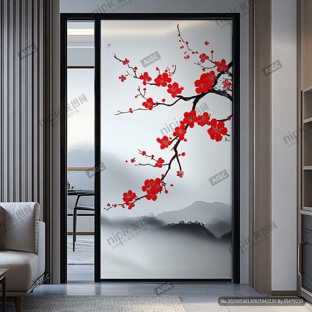 中式梅花玻璃隔斷裝飾畫