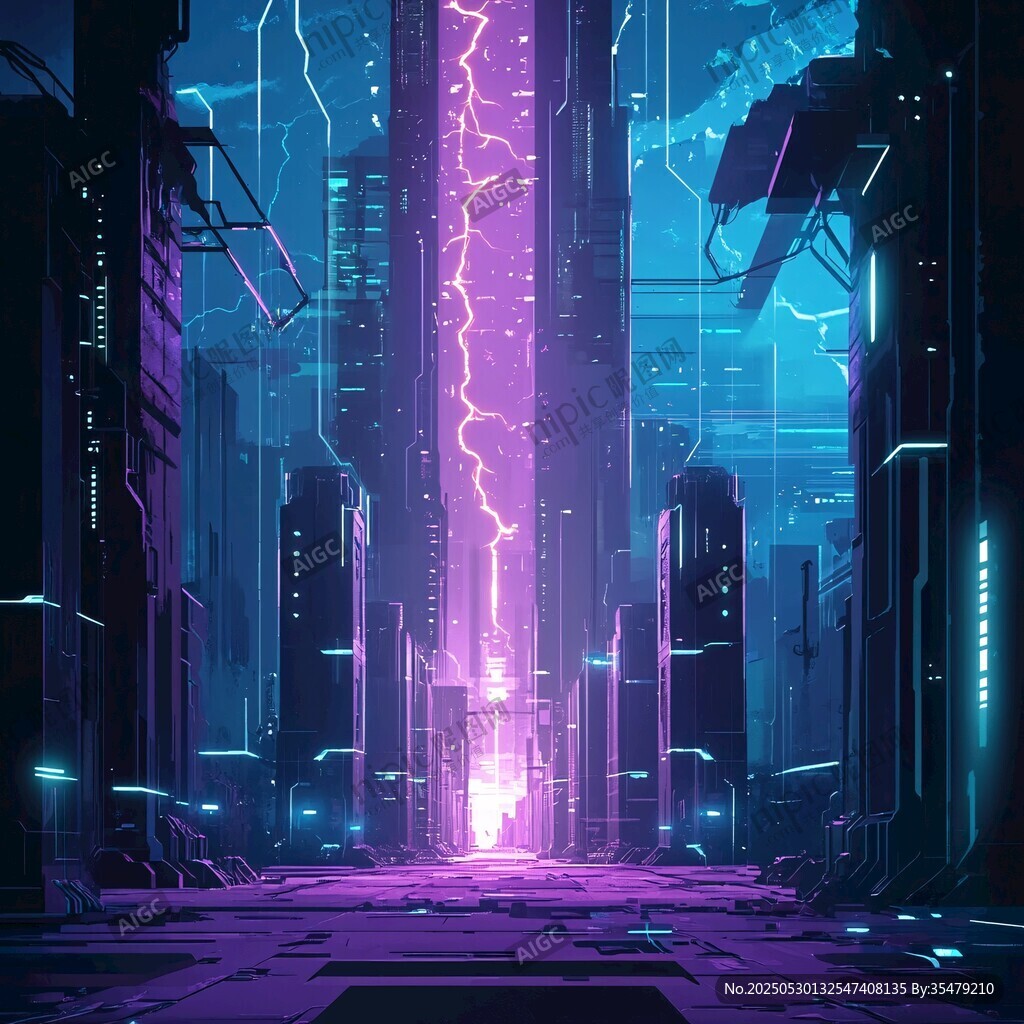 未來(lái)都市霓虹閃電科幻景象