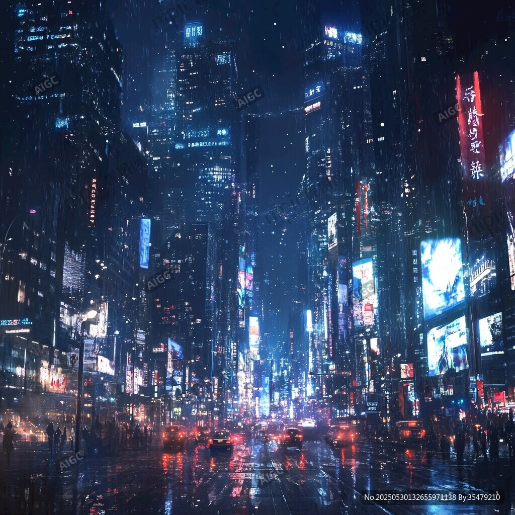霓虹閃爍的雨夜都市街景