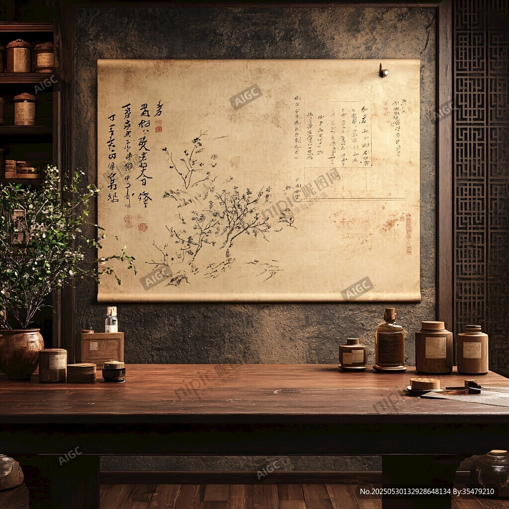中式茶室古韻字畫場景