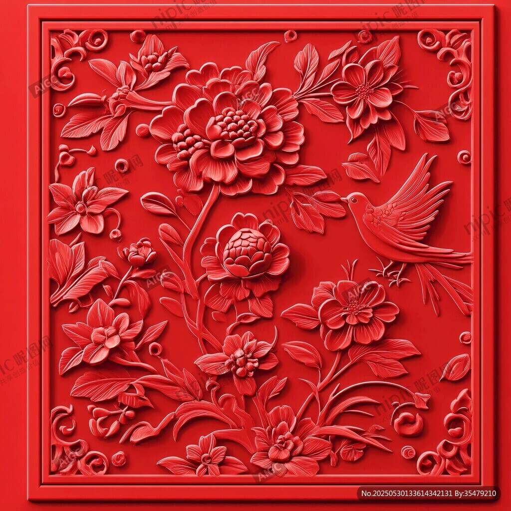 紅色雕花 花鳥同框精美圖案