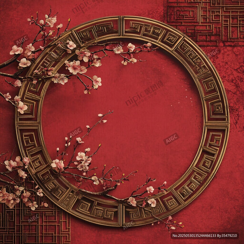 中式紅底圓環梅花裝飾圖