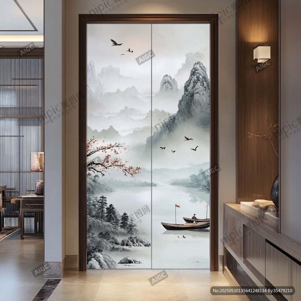 中式山水意境入戶玻璃門