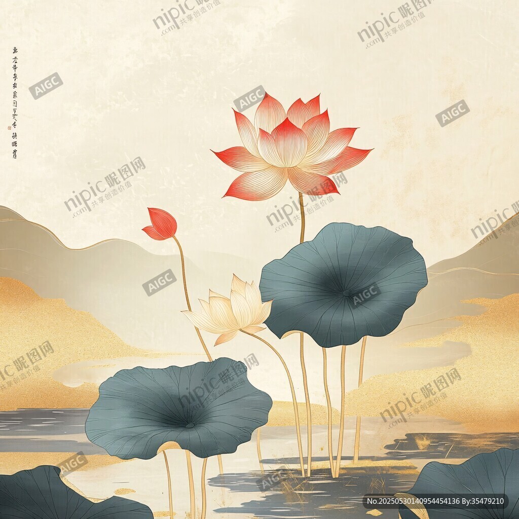 水墨荷花山水意境圖