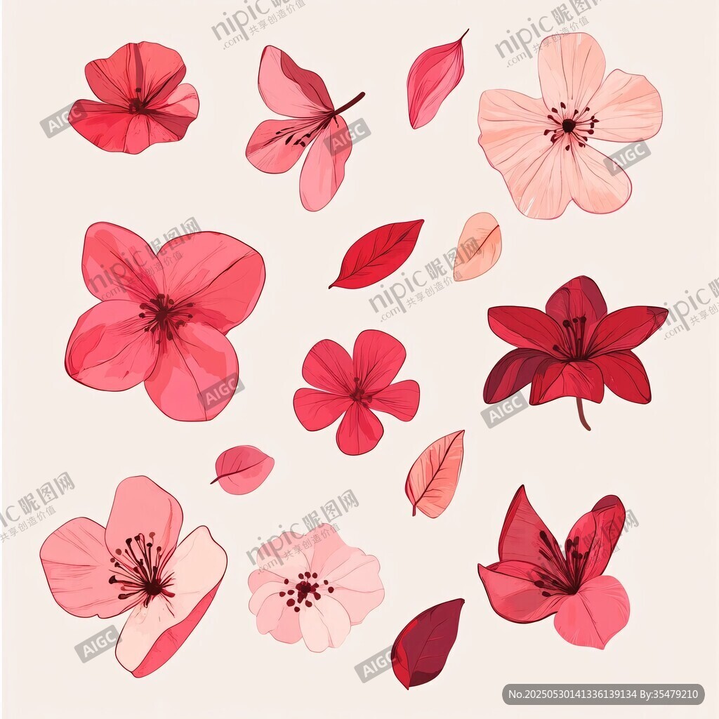 粉色系花卉與葉片插畫素材