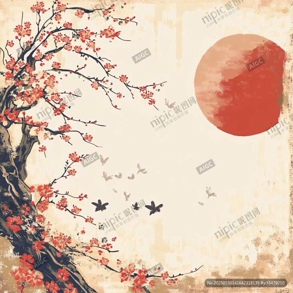 紅梅映日飛鳥圖