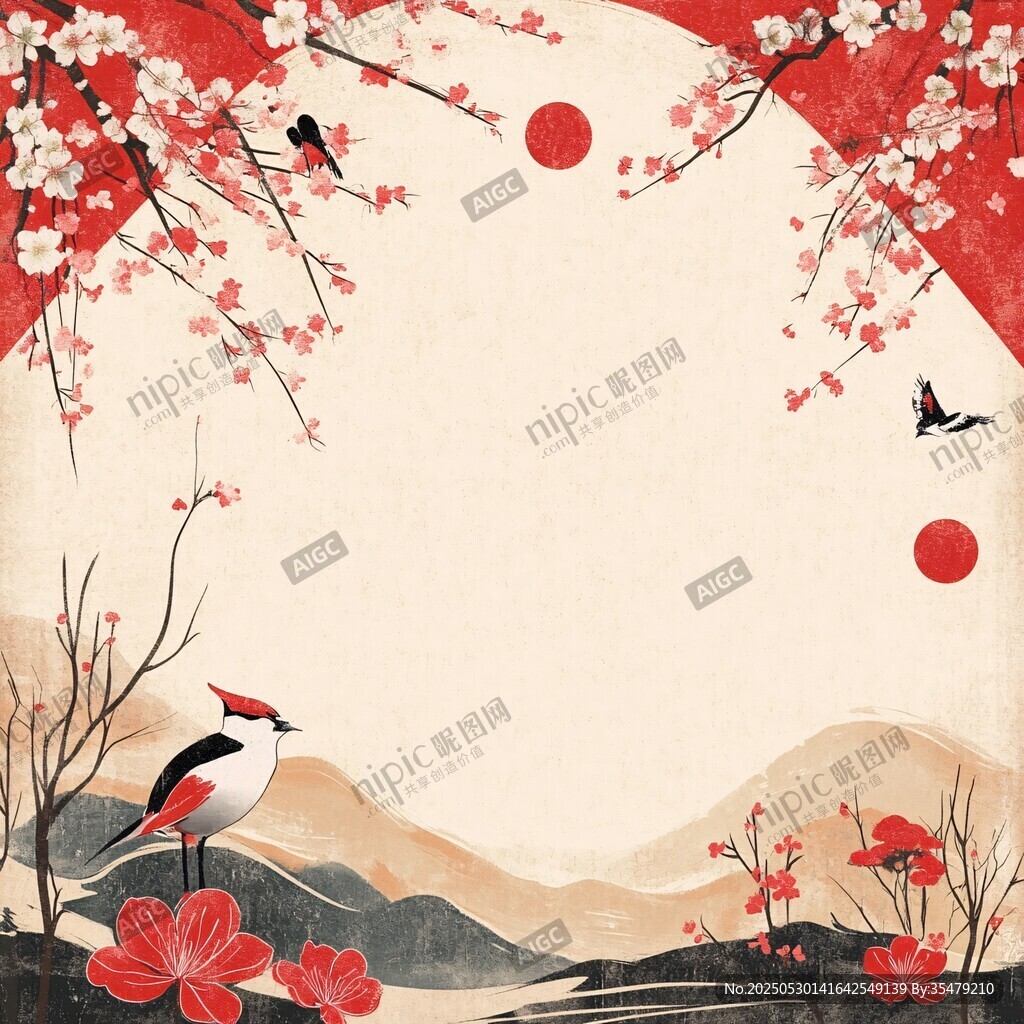 中式花鳥山水詩意背景圖