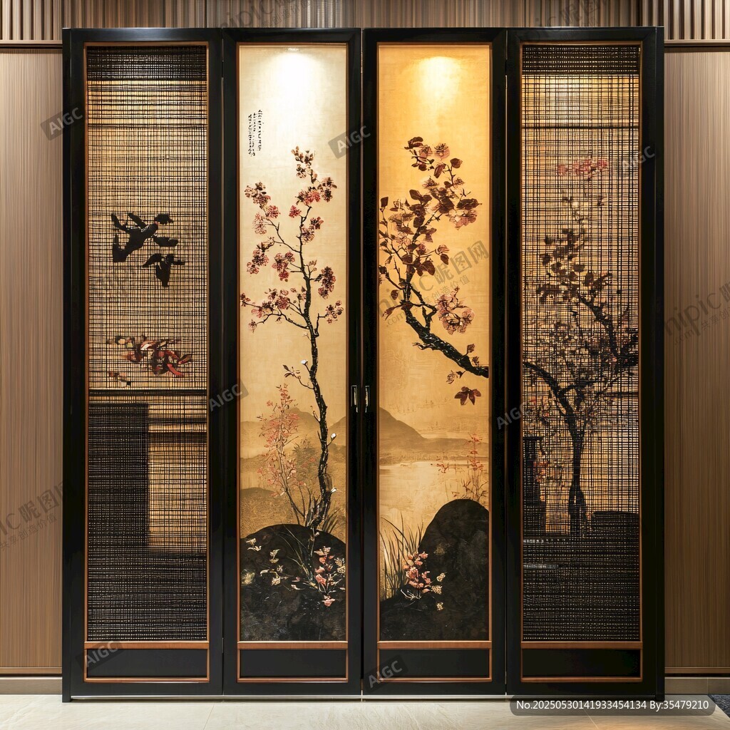 中式屏風(fēng) 古典雅致花鳥景致