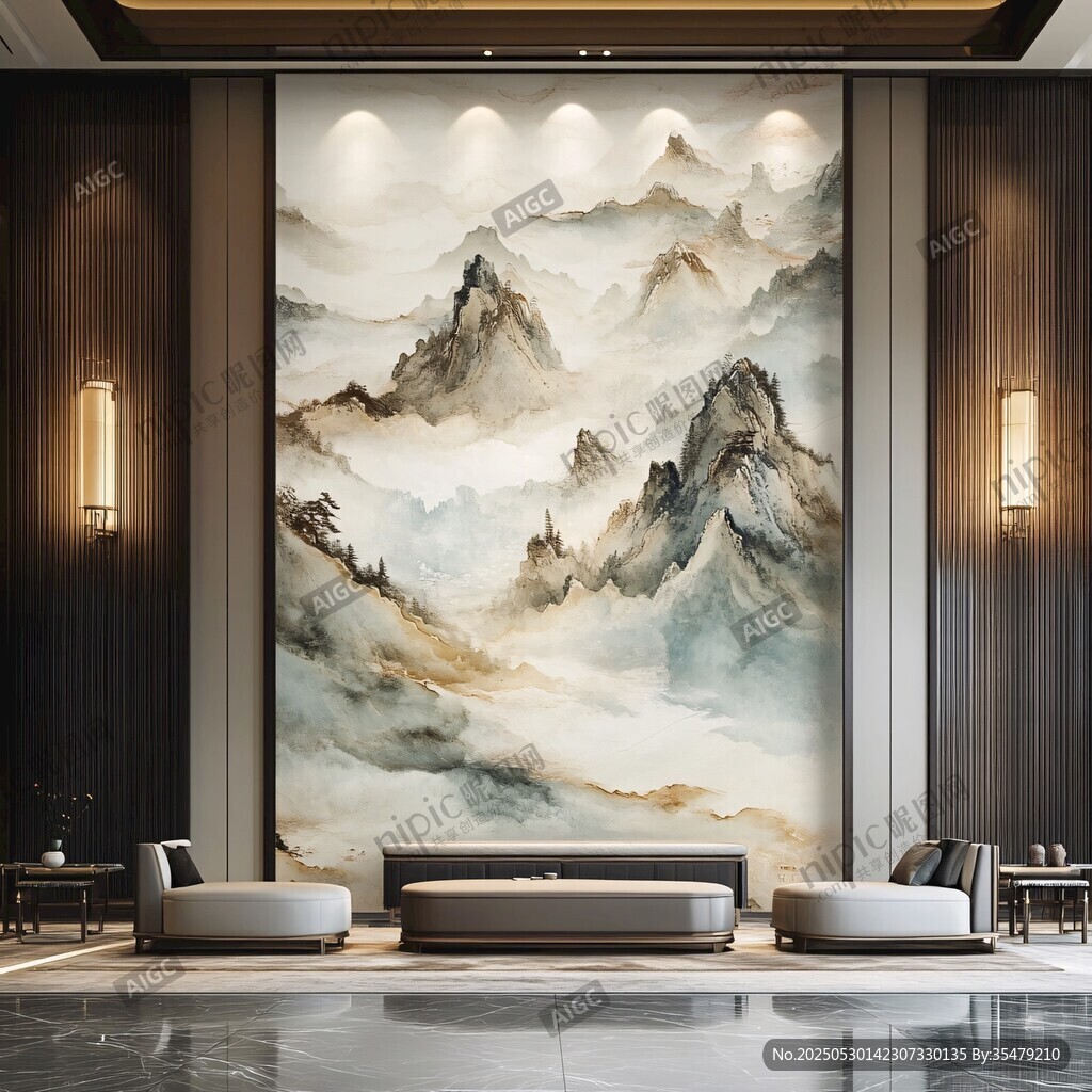中式客廳山水壁畫裝飾
