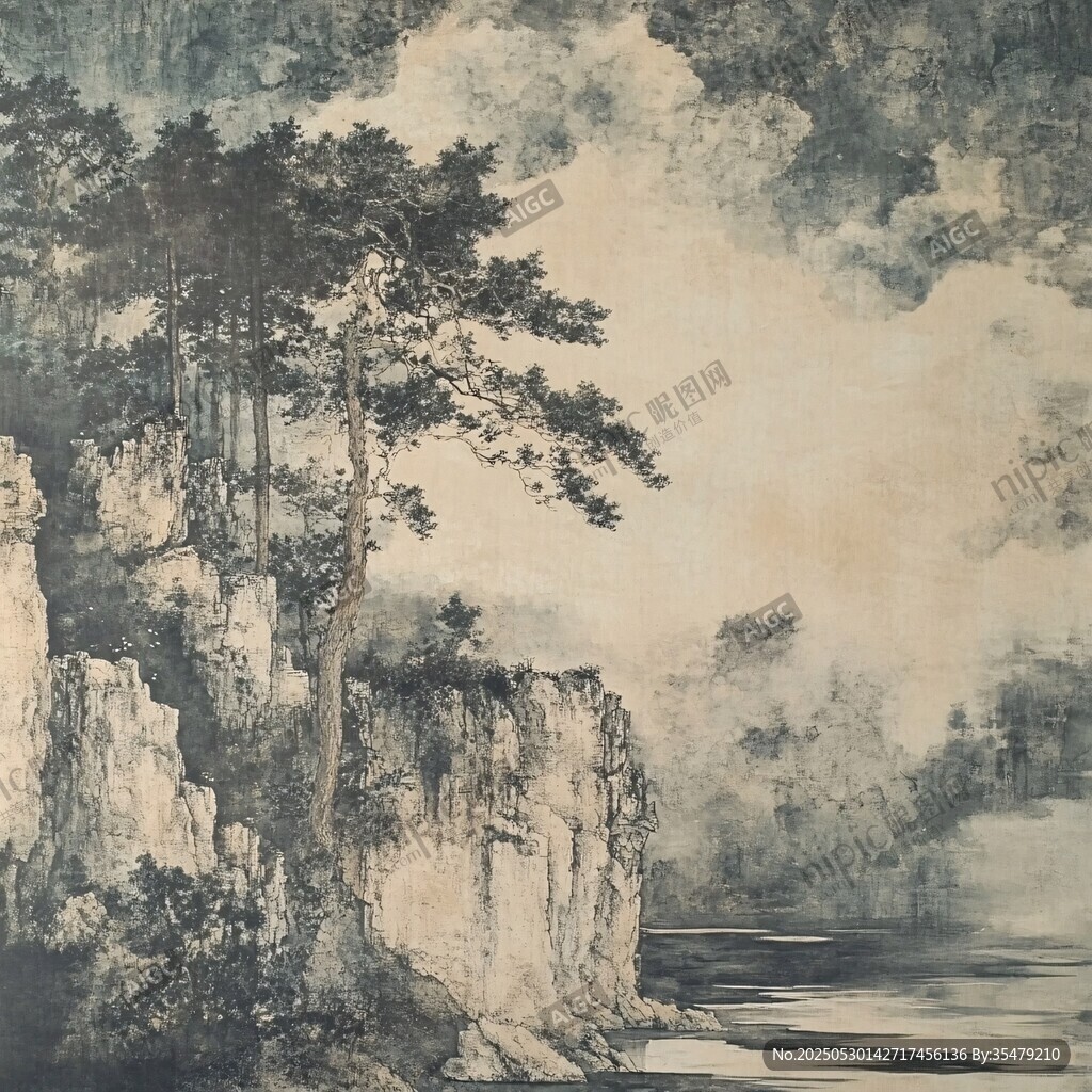 水墨山水間的松林崖岸