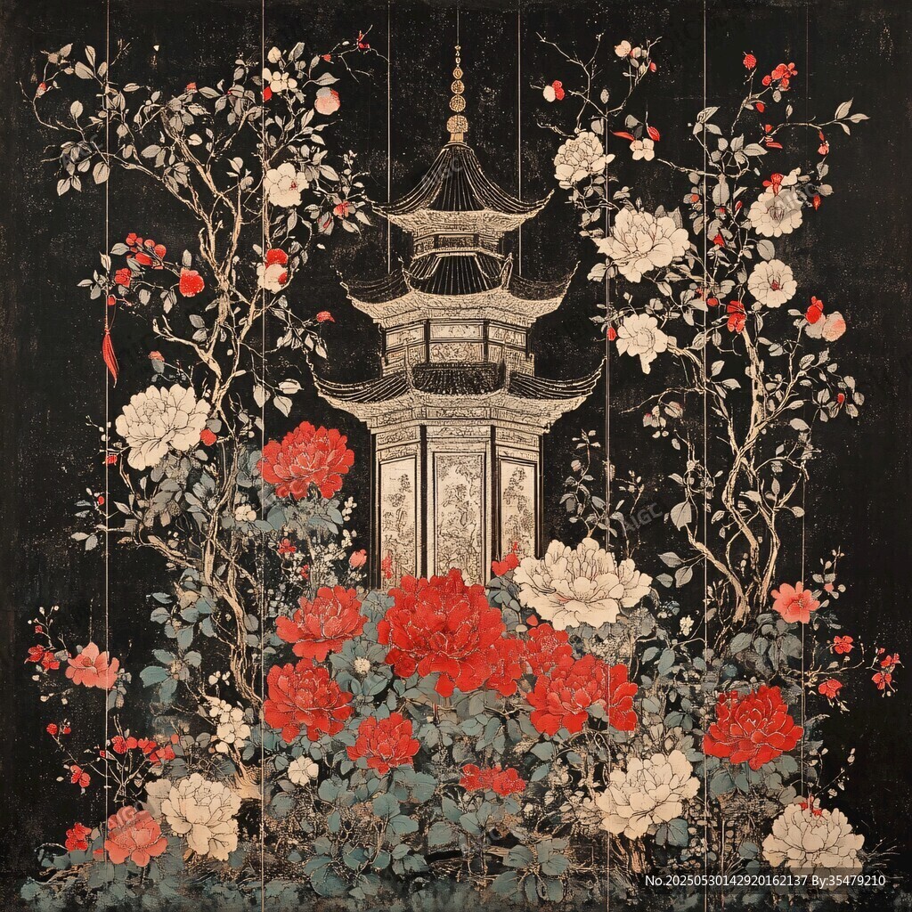 中式繁花古塔圖
