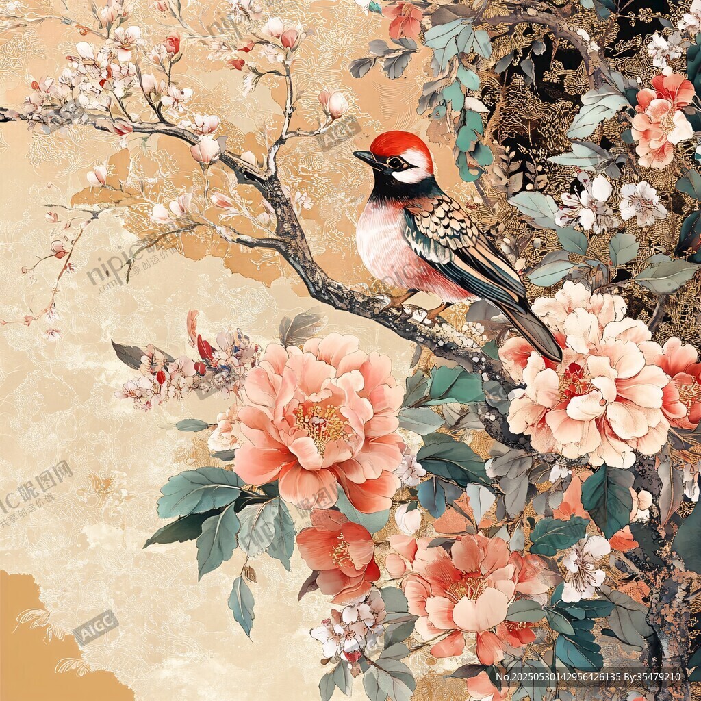花鳥圖 枝頭艷花俏立靈鳥