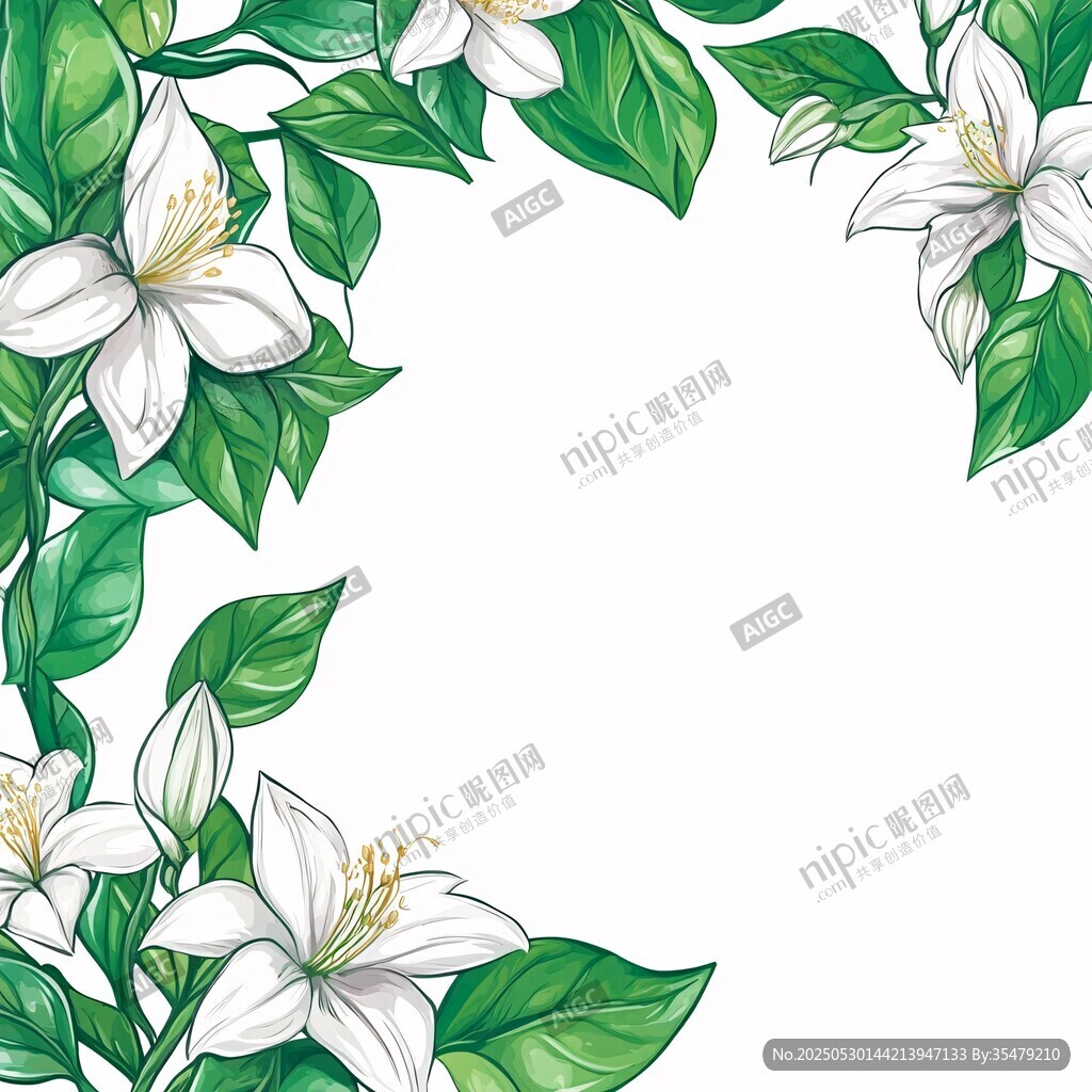 茉莉花綠葉邊框插畫(huà)