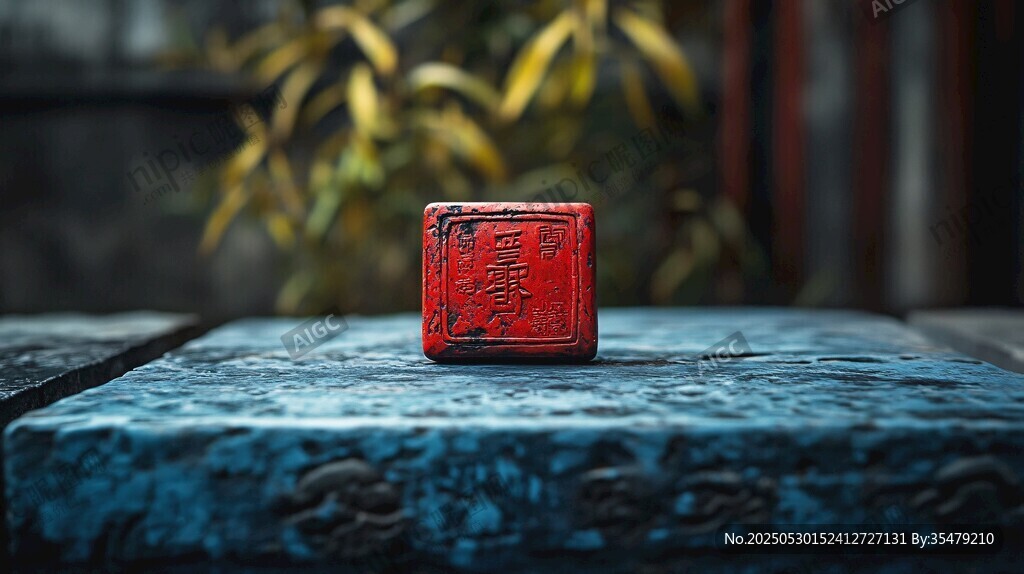 紅色印章置于古樸石板上