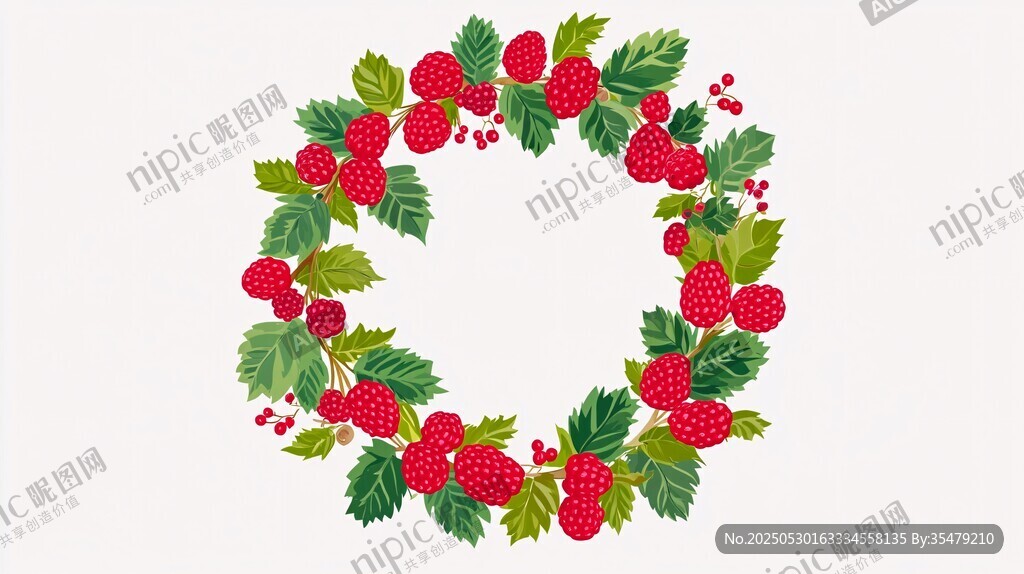 莓果綠葉花環插畫