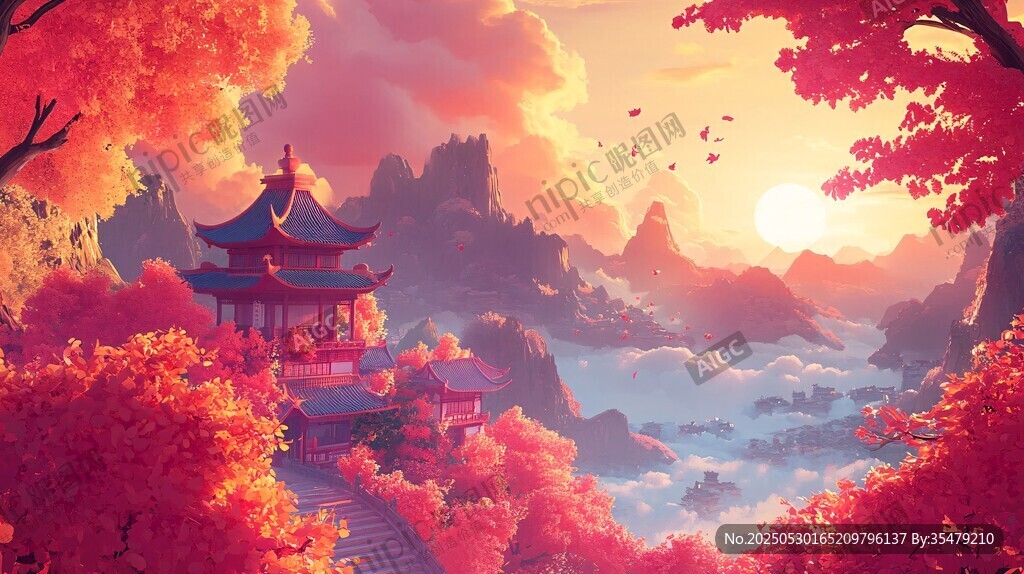 秋日山間古亭夢幻美景