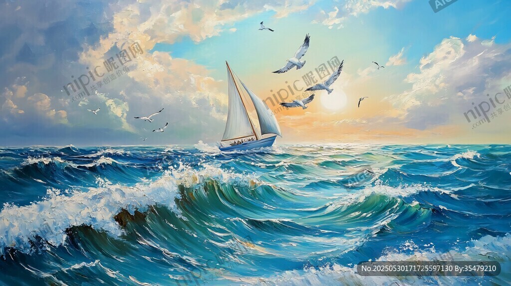 海上帆船伴飛鳥(niǎo)的壯麗景致