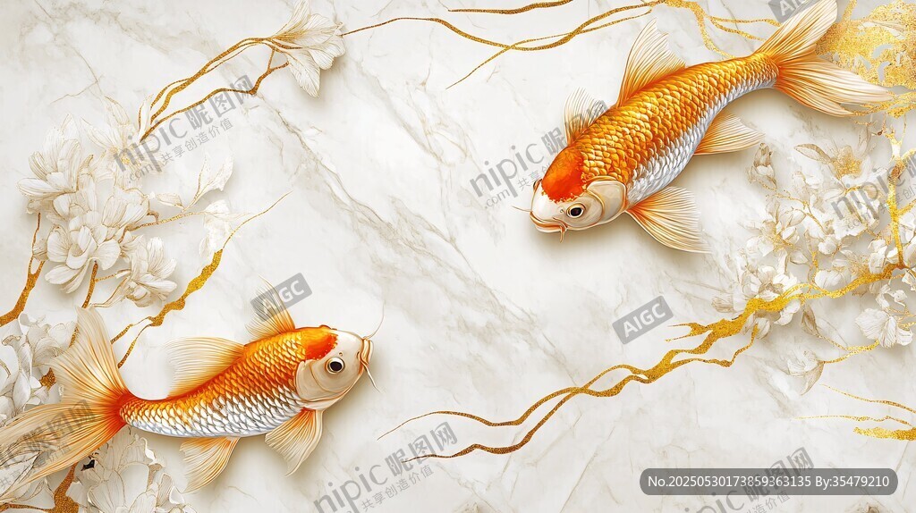 雙金魚游弋于繁花藤蔓間