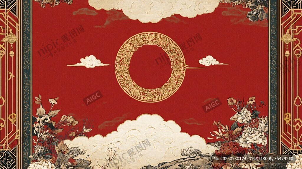 中式喜慶紅底花鳥云紋圖