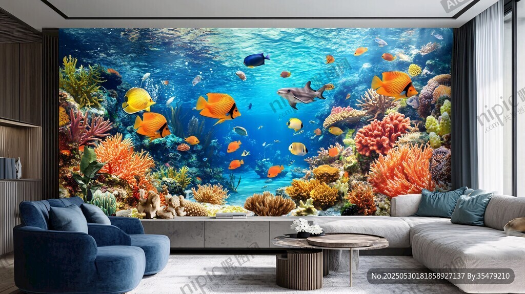 海洋主題客廳背景墻裝飾