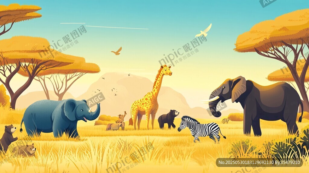 非洲草原動物歡聚場景