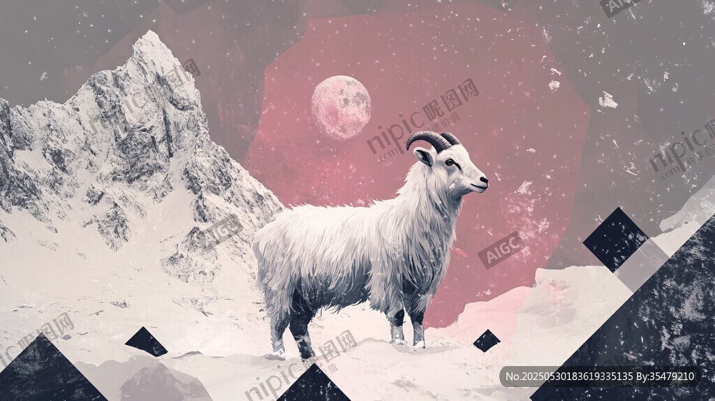 雪中山羊伴月奇幻景象
