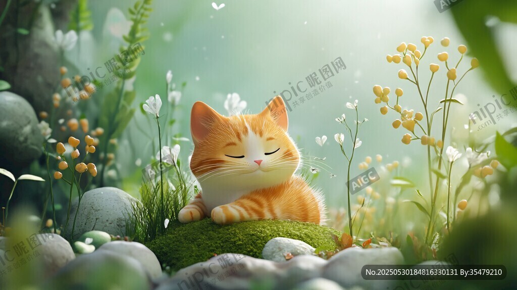 橘貓愜意躺臥花草間