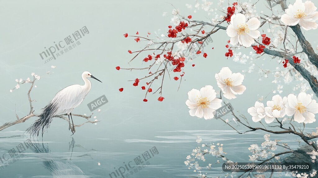 白鷺棲花畔 詩(shī)意水墨景