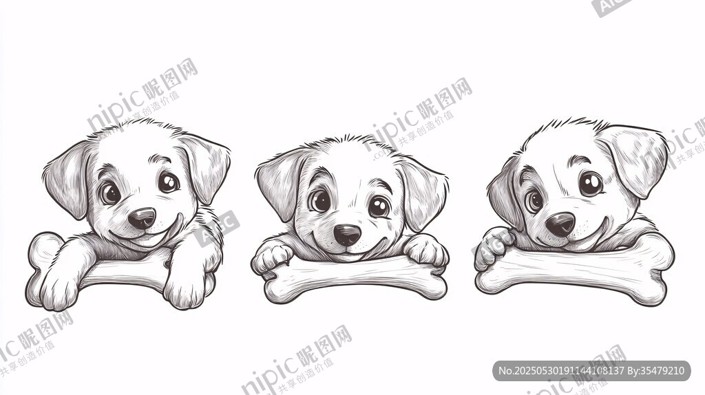 三只萌犬抱骨俏皮模樣