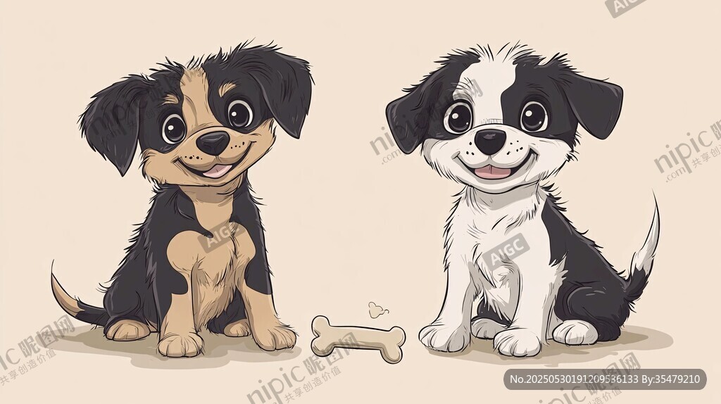 兩只萌犬與骨頭的溫馨畫面