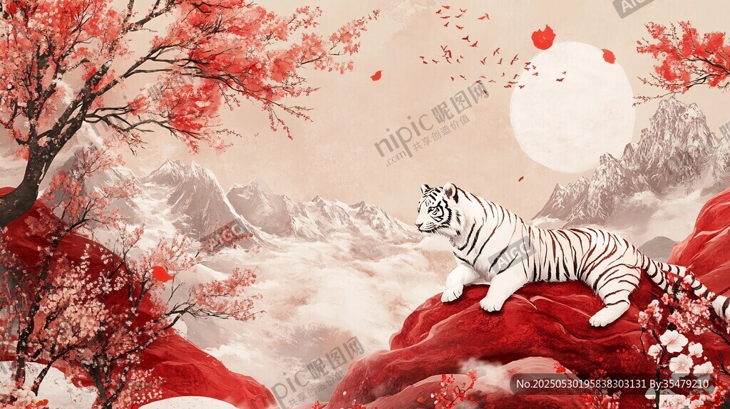 白虎棲于山水紅梅間