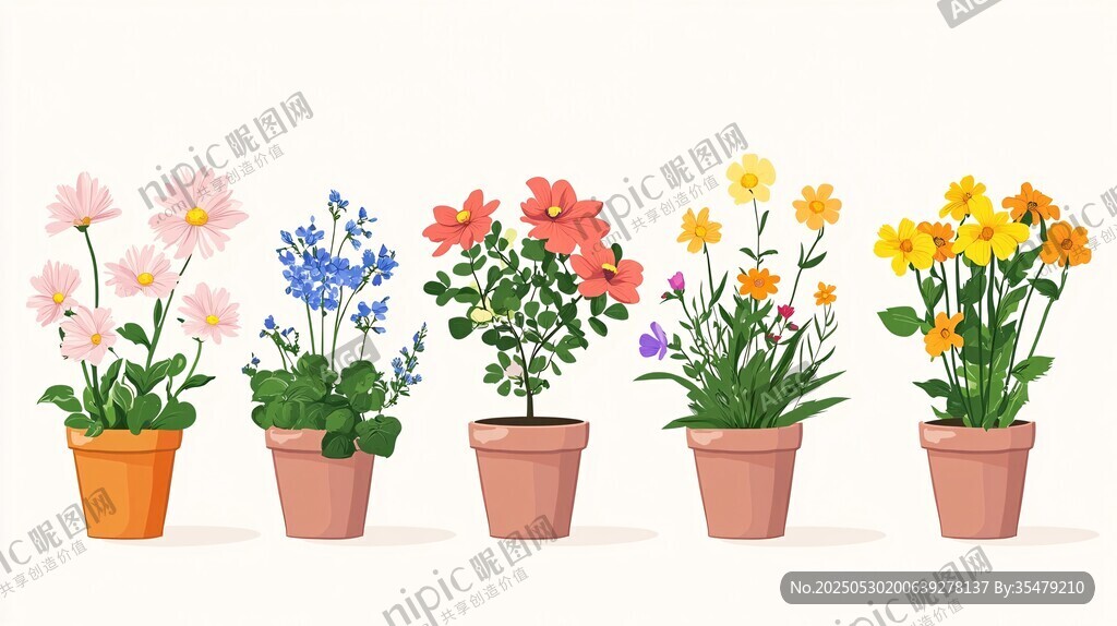 一排多彩盆栽花卉展示