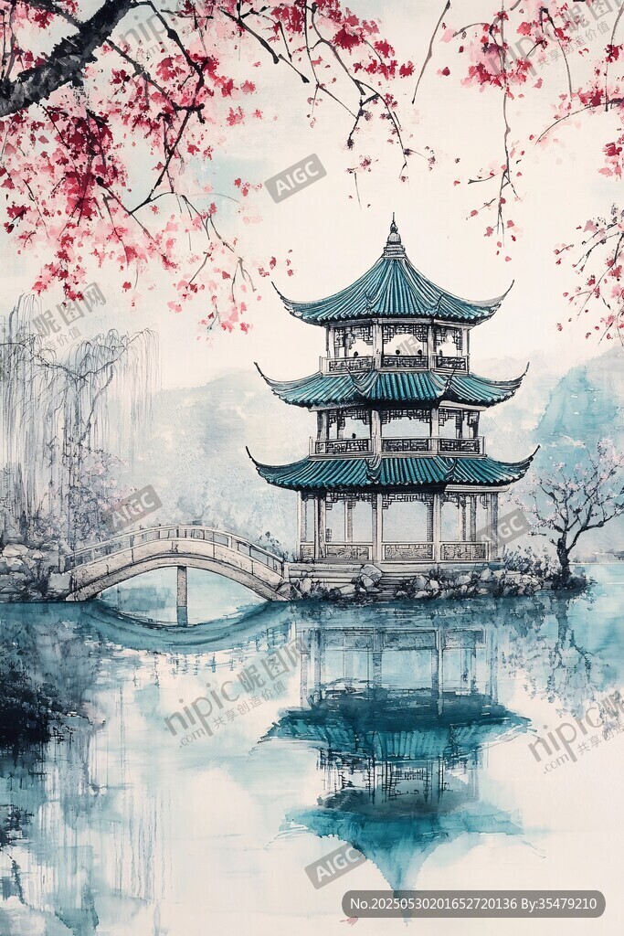 水墨江南亭橋春色圖