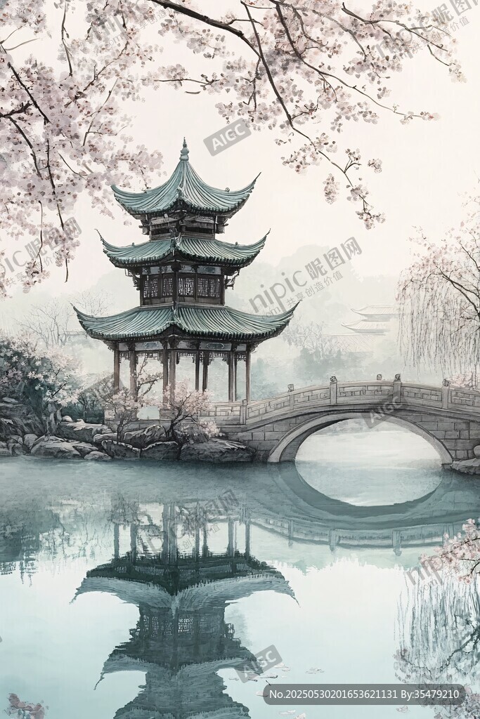 江南湖畔古亭春景圖