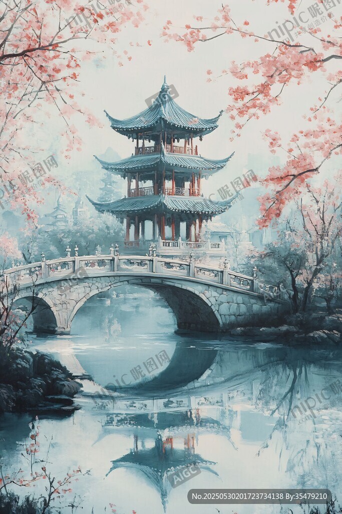 中式古風橋畔樓閣美景