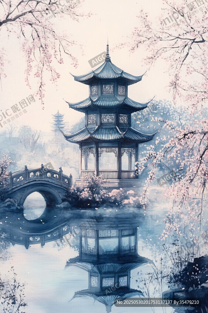 水墨江南 湖畔亭橋春景圖