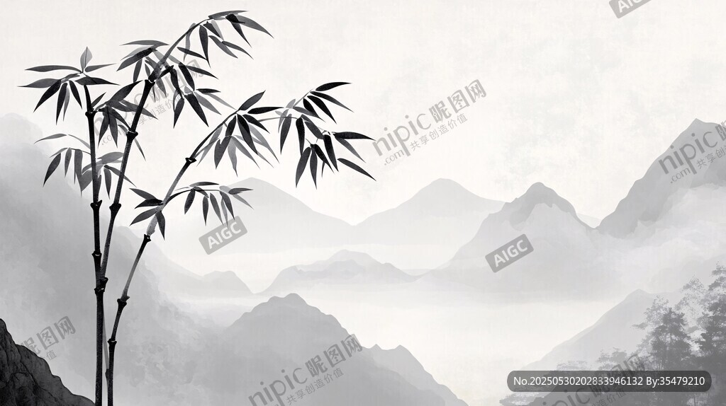 水墨竹林映遠山
